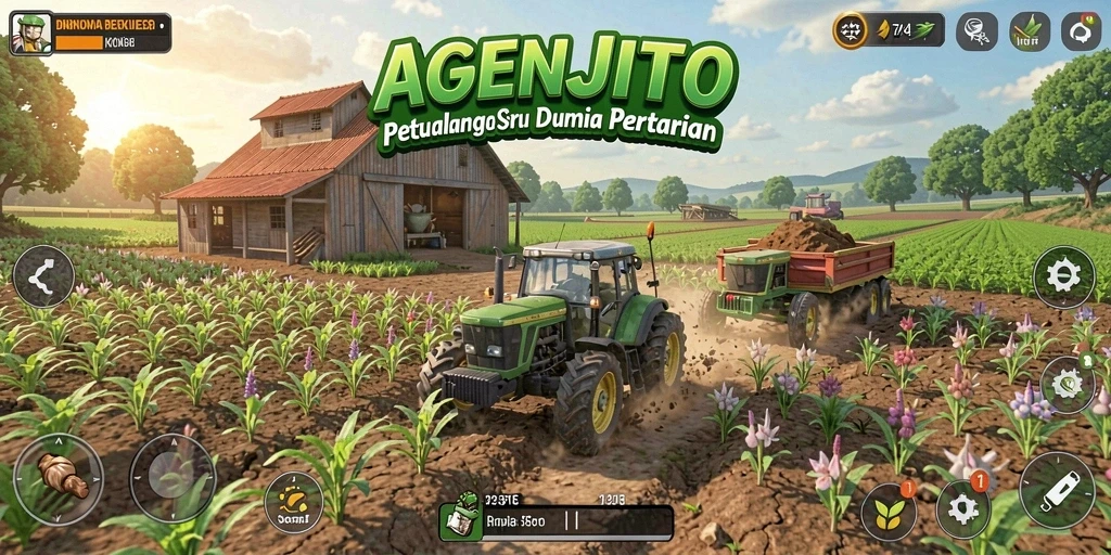 Tampilan screenshot AGENJITU yang menunjukkan ladang subur dan aktivitas pertanian.