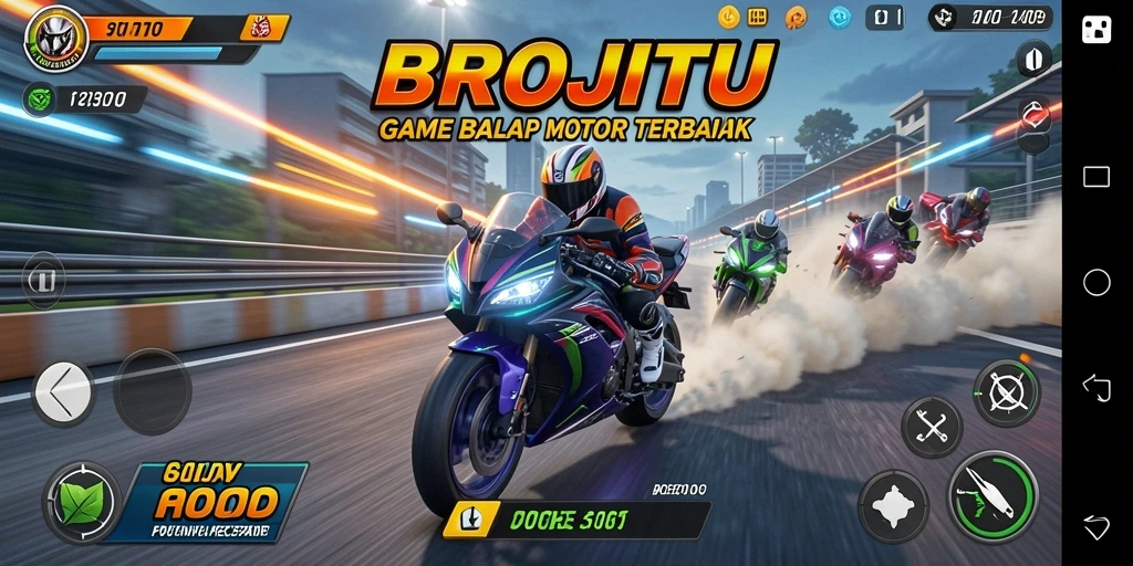 Screenshot utama BROJITU menampilkan aksi balap motor yang mendebarkan.