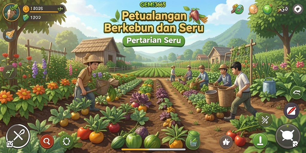 Tampilan gameplay GEMS365 yang menunjukkan kebun yang indah dan beragam tanaman.