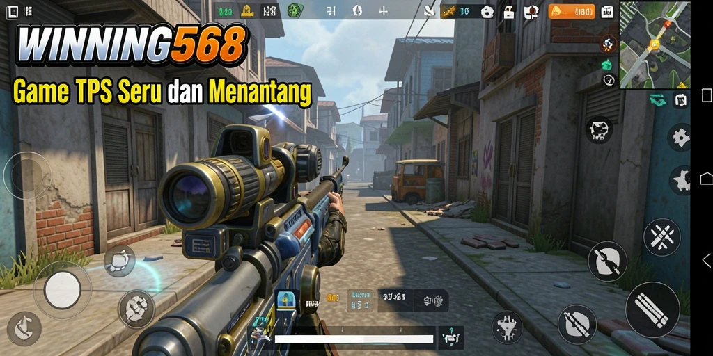Screenshot gameplay WINNING568 menampilkan pertempuran seru dalam arena TPS.